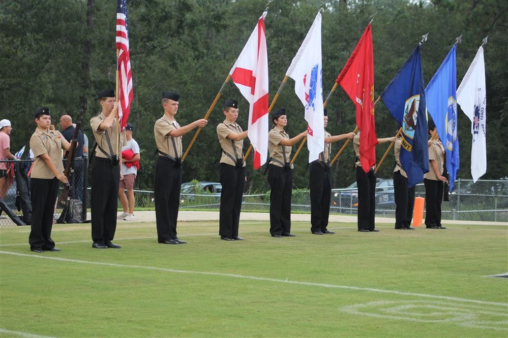 Elberta Company Color Guard lead by Cadet CPO Brianna Doege during the Elberta vs Gulf Shores football game on 20 August.